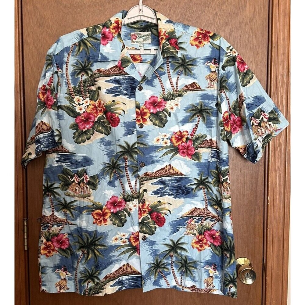 Hilo Hattie Blue Hawaiian Print Casual Button Down Shirt
